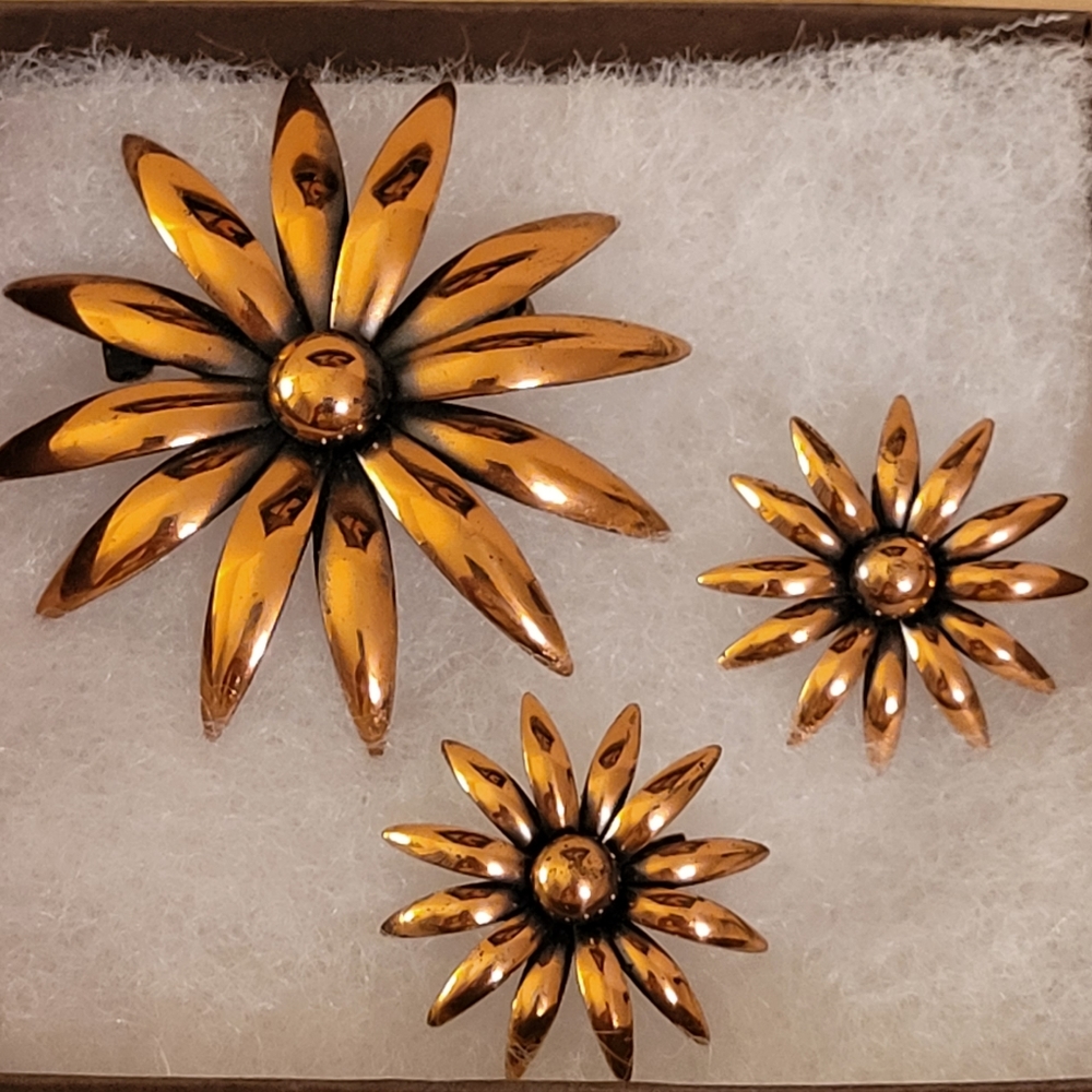 Vintage Copper Demi Parure Brooch Clip on Earrings Mod 1960s